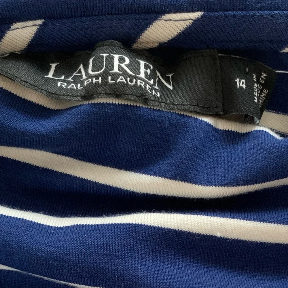 NWT Ralph Lauren Midi Dress Blue w/White Stripes Cold Shoulder Stretch Cotton 14 - Picture 3 of 11